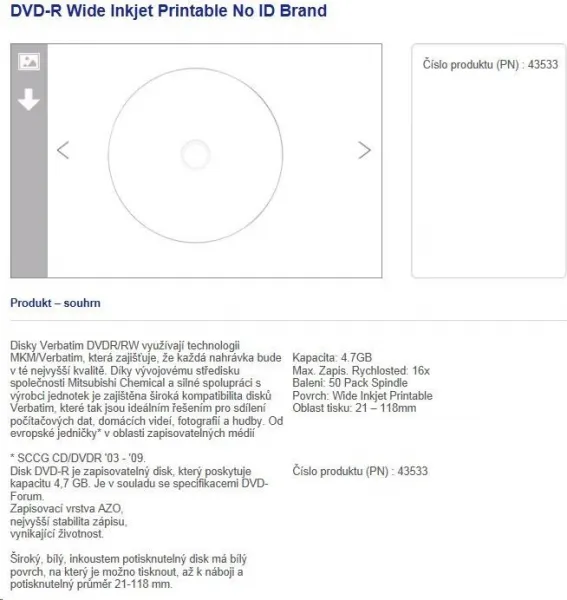 VERBATIM DVD-R(50-Pack)Vreteno/Inkjet Printable Wide/16x/4.7GB