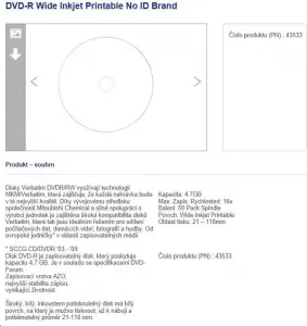 VERBATIM DVD-R(50-Pack)Vreteno/Inkjet Printable Wide/16x/4.7GB