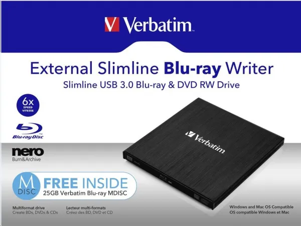 VERBATIM Slimline Blu-ray Rewriter USB 3.0 Bezplatný BR disk 25 GB (CD DVD BD Mdisc)