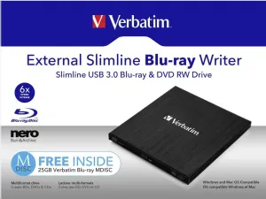 VERBATIM Slimline Blu-ray Rewriter USB 3.0 Bezplatný BR disk 25 GB (CD DVD BD Mdisc)