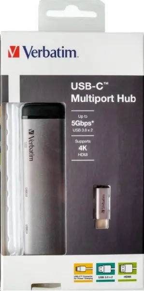 VERBATIM 49140 Multiportový HUB USB-C, 2x USB 3.0, 1x USB-C, HDMI, šedý dok