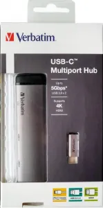 VERBATIM 49140 Multiportový HUB USB-C, 2x USB 3.0, 1x USB-C, HDMI, šedý dok