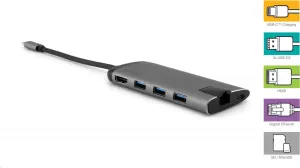 VERBATIM 49142 Multiportový HUB USB-C, 3x USB 3.0, 1x USB-C, HDMI, LAN, SD, microSD, šedý dok