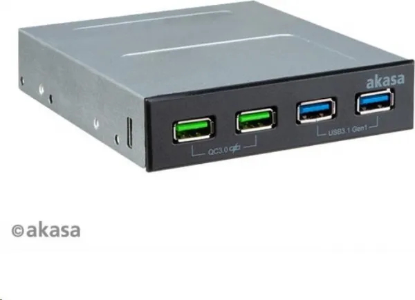 Predný panel AKASA HUB 4 portový nabíjací panel USB s duálnym rýchlym nabíjaním 3.0 a duálnym USB 3.1 prístavy