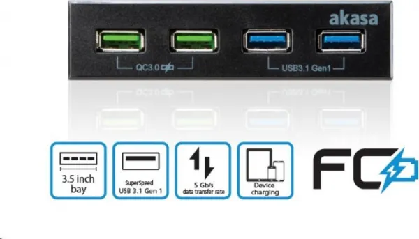 Predný panel AKASA HUB 4 portový nabíjací panel USB s duálnym rýchlym nabíjaním 3.0 a duálnym USB 3.1 prístavy