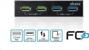 Predný panel AKASA HUB 4 portový nabíjací panel USB s duálnym rýchlym nabíjaním 3.0 a duálnym USB 3.1 prístavy