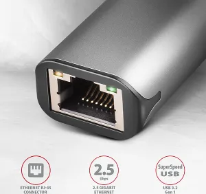 AXAGON ADE-25R, USB-A 3.2 Gen 1-2.5 Gigabitová sieťová karta Ethernet, Realtek 8156, automatická inštalácia, sivá