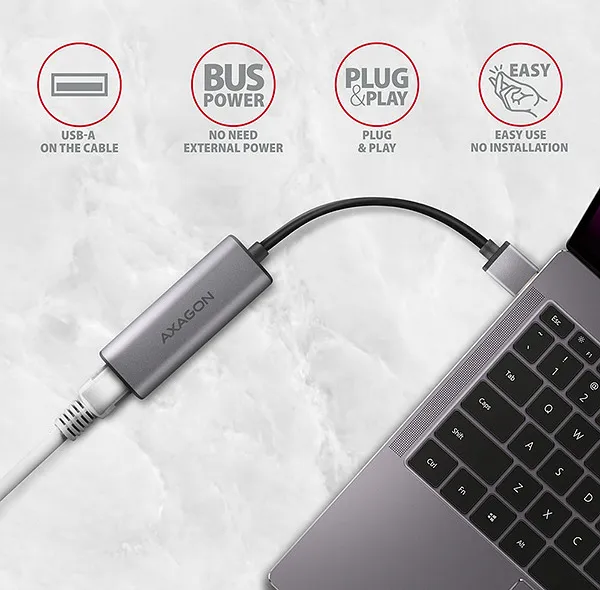 AXAGON ADE-25R, USB-A 3.2 Gen 1-2.5 Gigabitová sieťová karta Ethernet, Realtek 8156, automatická inštalácia, sivá