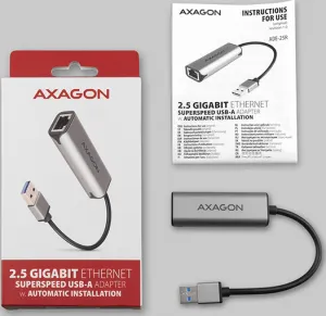 AXAGON ADE-25R, USB-A 3.2 Gen 1-2.5 Gigabitová sieťová karta Ethernet, Realtek 8156, automatická inštalácia, sivá