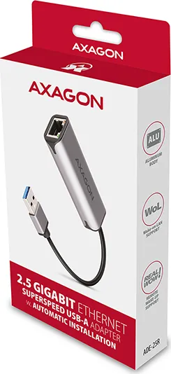 AXAGON ADE-25R, USB-A 3.2 Gen 1-2.5 Gigabitová sieťová karta Ethernet, Realtek 8156, automatická inštalácia, sivá