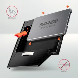 Rám AXAGON RSS-CD09 pre 2.5" SSD/HDD na DVD, 9.5 mm, LED, hliník