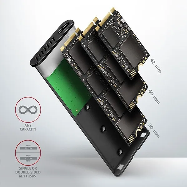 AXAGON EEM2-SBC, USB-C 3.2 Gen 2 - M.2 SATA SSD kovový box RAW, bez skrutiek