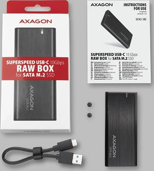AXAGON EEM2-SBC, USB-C 3.2 Gen 2 - M.2 SATA SSD kovový box RAW, bez skrutiek