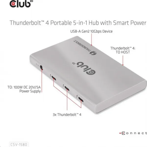 Club 3D Club3D hubThunderbolt 4 Portable 5-in-1 Hub with Smart Power