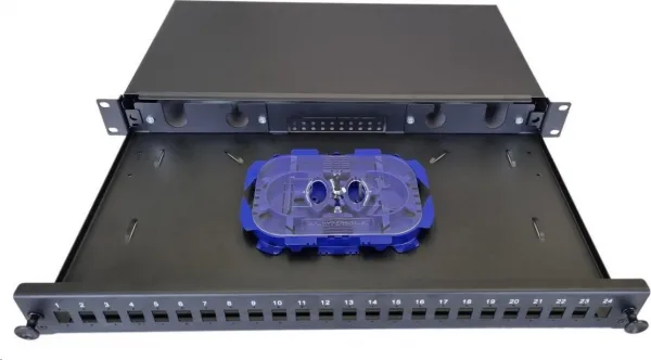 OEM Optická vana výsuvná 1U, 24x SC simplex (24x LC duplex, 24x E2000) s kazetou OPTRONIC pro 24 svárů, černá