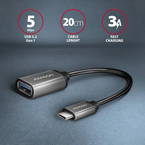 AXAGON RUCM-AFAC, káblová redukcia USB-C (M)  USB-A (F), 20cm, USB 3.2 Gen 1, 3A, ALU