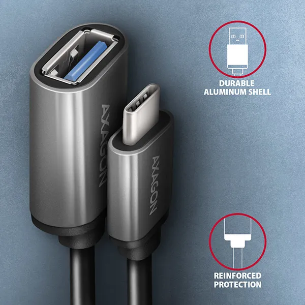 AXAGON RUCM-AFAC, káblová redukcia USB-C (M)  USB-A (F), 20cm, USB 3.2 Gen 1, 3A, ALU