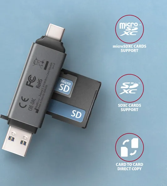 AXAGON CRE-DAC, USB-C + USB-A, 5 Gb/s - MINI čítačka kariet, 2 sloty & lun SD/microSD, podpora UHS-I