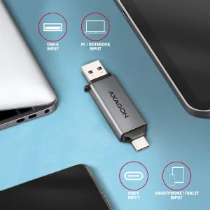 AXAGON CRE-DAC, USB-C + USB-A, 5 Gb/s - MINI čítačka kariet, 2 sloty & lun SD/microSD, podpora UHS-I