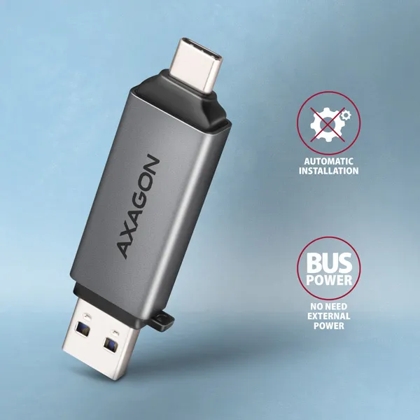 AXAGON CRE-DAC, USB-C + USB-A, 5 Gb/s - MINI čítačka kariet, 2 sloty & lun SD/microSD, podpora UHS-I