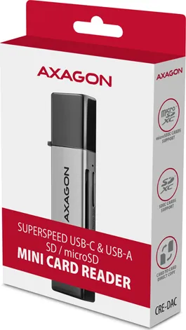 AXAGON CRE-DAC, USB-C + USB-A, 5 Gb/s - MINI čítačka kariet, 2 sloty & lun SD/microSD, podpora UHS-I