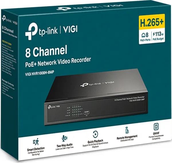 TP-Link VIGI NVR1008H-8MP, videorekordér, 8 channels, 8xPoE, 1x100Mb/s LAN, 1xVGA, 1xHDMI, 2xUSB2.0