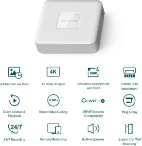 TP-Link VIGI NVR1104H-4P, videorekordér, 4 channels, 4xPoE, 1x100Mb/s LAN, 1xVGA,1xHDMI,2xUSB2.0