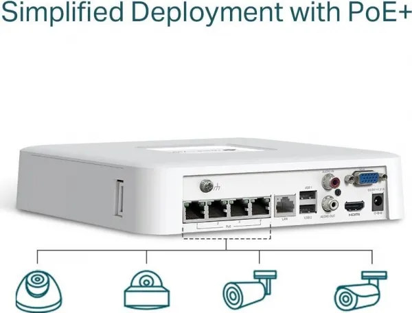 TP-Link VIGI NVR1104H-4P, videorekordér, 4 channels, 4xPoE, 1x100Mb/s LAN, 1xVGA,1xHDMI,2xUSB2.0
