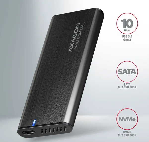 AXAGON EEM2-SB2, USB-C 3.2 Gen 2 - M.2 NVMe a SATA SSD kovový RAW box, bez skrutiek, čierny