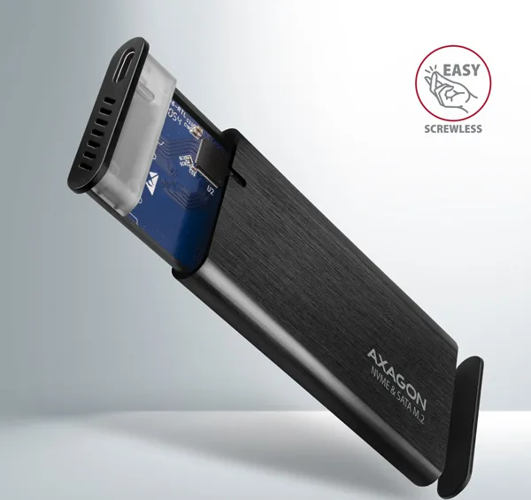 AXAGON EEM2-SB2, USB-C 3.2 Gen 2 - M.2 NVMe a SATA SSD kovový RAW box, bez skrutiek, čierny