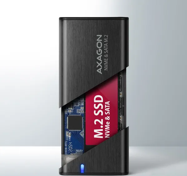 AXAGON EEM2-SB2, USB-C 3.2 Gen 2 - M.2 NVMe a SATA SSD kovový RAW box, bez skrutiek, čierny