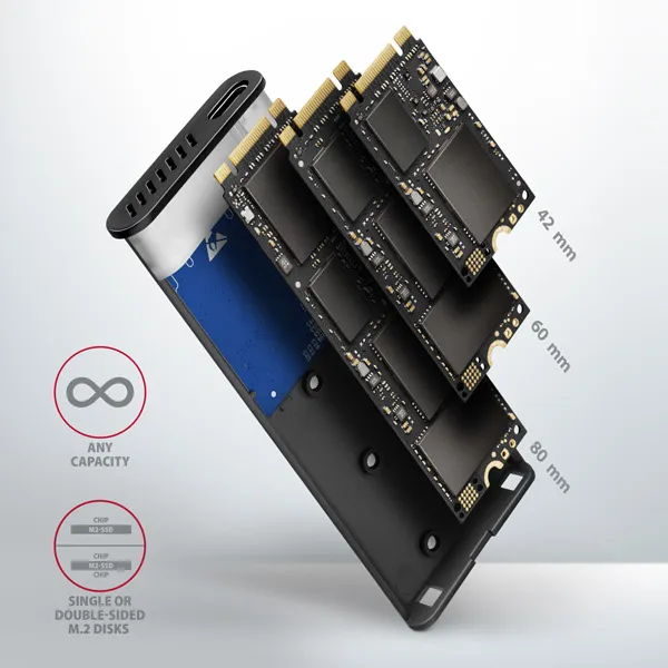 AXAGON EEM2-SB2, USB-C 3.2 Gen 2 - M.2 NVMe a SATA SSD kovový RAW box, bez skrutiek, čierny