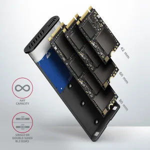 AXAGON EEM2-SB2, USB-C 3.2 Gen 2 - M.2 NVMe a SATA SSD kovový RAW box, bez skrutiek, čierny