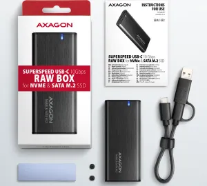 AXAGON EEM2-SB2, USB-C 3.2 Gen 2 - M.2 NVMe a SATA SSD kovový RAW box, bez skrutiek, čierny