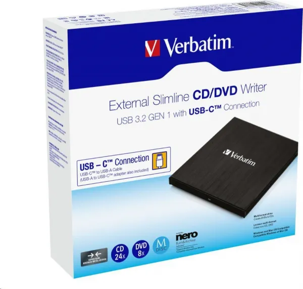 VERBATIM externá mechanika DVD-RW Rewriter USB-C, čierna