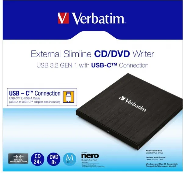 VERBATIM externá mechanika DVD-RW Rewriter USB-C, čierna