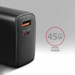 AXAGON ACU-PQ45 GaN nabíjačka do siete 45W, 2x port (USB-A + USB-C), PD3.0/PPS/QC4+/SFC 2.0/AFC/Apple