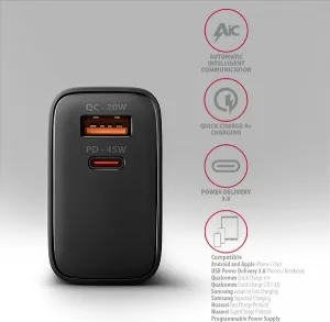 AXAGON ACU-PQ45 GaN nabíjačka do siete 45W, 2x port (USB-A + USB-C), PD3.0/PPS/QC4+/SFC 2.0/AFC/Apple
