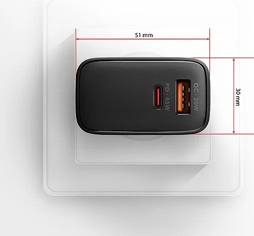 AXAGON ACU-PQ45 GaN nabíjačka do siete 45W, 2x port (USB-A + USB-C), PD3.0/PPS/QC4+/SFC 2.0/AFC/Apple