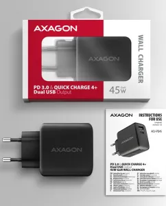 AXAGON ACU-PQ45 GaN nabíjačka do siete 45W, 2x port (USB-A + USB-C), PD3.0/PPS/QC4+/SFC 2.0/AFC/Apple