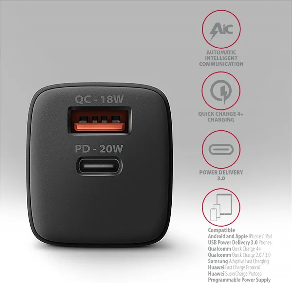 AXAGON ACU-PQ20, nabíjačka do siete 20W, 2x port (USB-A + USB-C), PD3.0/PPS/QC4+/AFC/Apple, čierna