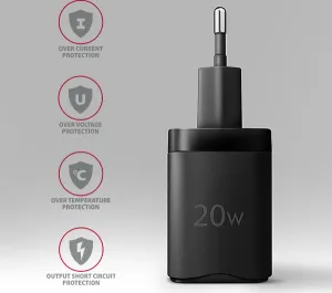 AXAGON ACU-PQ20, nabíjačka do siete 20W, 2x port (USB-A + USB-C), PD3.0/PPS/QC4+/AFC/Apple, čierna