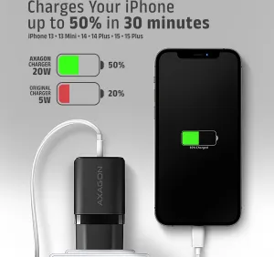 AXAGON ACU-PQ20, nabíjačka do siete 20W, 2x port (USB-A + USB-C), PD3.0/PPS/QC4+/AFC/Apple, čierna