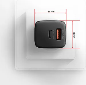 AXAGON ACU-PQ20, nabíjačka do siete 20W, 2x port (USB-A + USB-C), PD3.0/PPS/QC4+/AFC/Apple, čierna