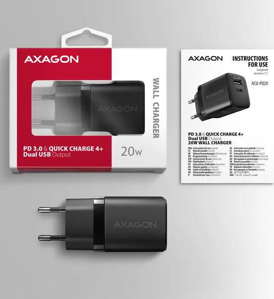 AXAGON ACU-PQ20, nabíjačka do siete 20W, 2x port (USB-A + USB-C), PD3.0/PPS/QC4+/AFC/Apple, čierna