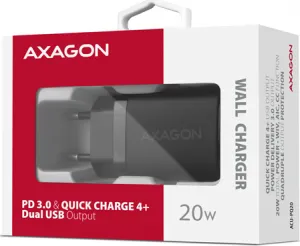 AXAGON ACU-PQ20, nabíjačka do siete 20W, 2x port (USB-A + USB-C), PD3.0/PPS/QC4+/AFC/Apple, čierna