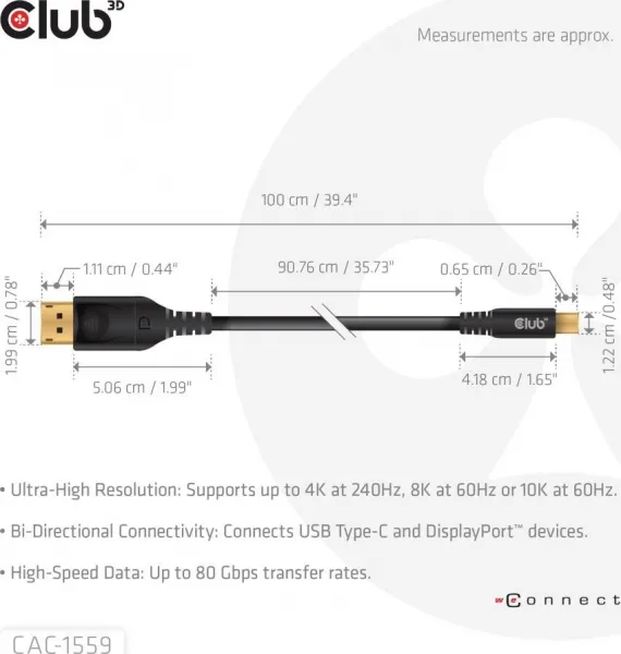 Club 3D Club3D Kabel USB-C na DisplayPort 2.1, 10K60Hz, DSC1.2, UHBR10, 1m