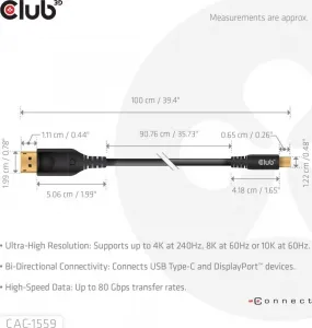 Club 3D Club3D Kabel USB-C na DisplayPort 2.1, 10K60Hz, DSC1.2, UHBR10, 1m