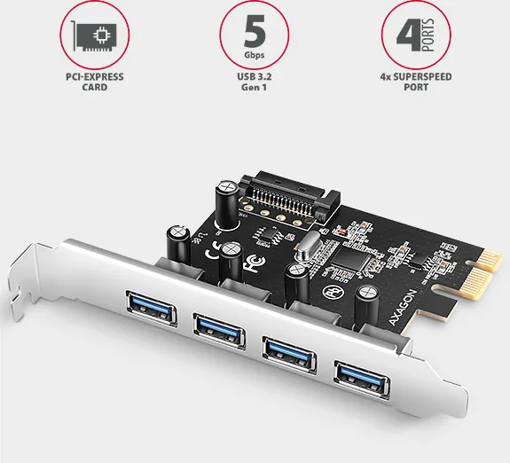 AXAGON PCEU-430RS, PCIe radič, 4x USB 5Gbps port, SATA napájanie, Renesas PD720201, SP