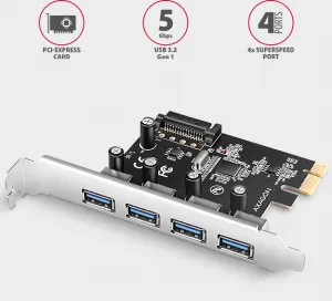 AXAGON PCEU-430RS, PCIe radič, 4x USB 5Gbps port, SATA napájanie, Renesas PD720201, SP